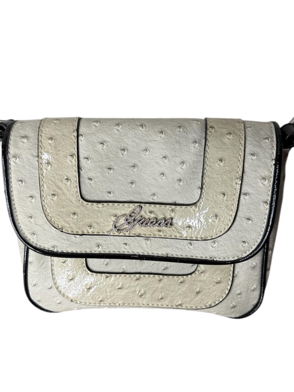 GUESS Cream Ostrich Crossbody Bag Black Trim Adjustable Strap Snap Closure Y2K